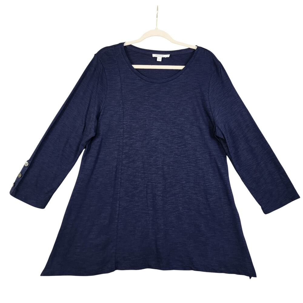 Chicos Womens Tunic Top Size Large Navy Blue Button Sleeves Scoop Neck Flowy